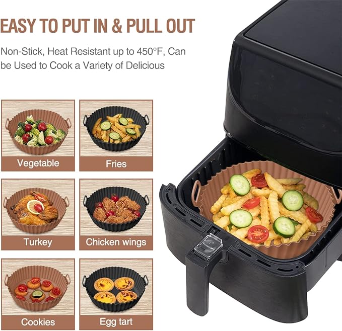 2 Pack Air Fryer Silicone Liners Pot for 3 to 5 QT, Air Fryer Silicone Basket Bowl, Replacement of Flammable Parchment Paper, Reusable Baking Tray Oven Accessories, Brown+Blk, (Top 8in, Bottom 6.75in)