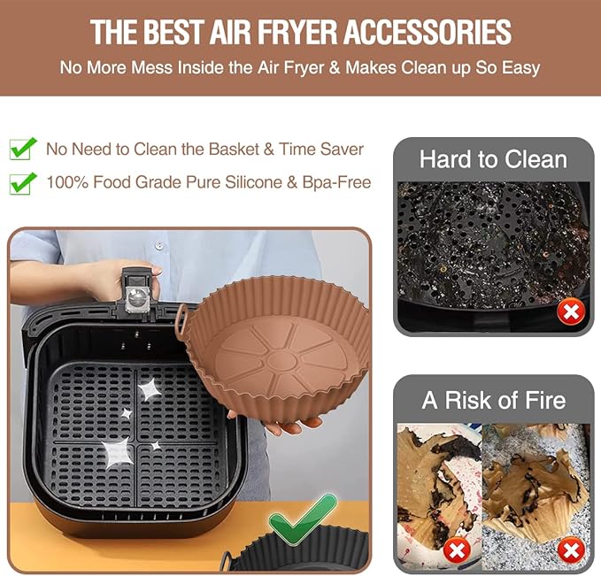 2 Pack Air Fryer Silicone Liners Pot for 3 to 5 QT, Air Fryer Silicone Basket Bowl, Replacement of Flammable Parchment Paper, Reusable Baking Tray Oven Accessories, Brown+Blk, (Top 8in, Bottom 6.75in)
