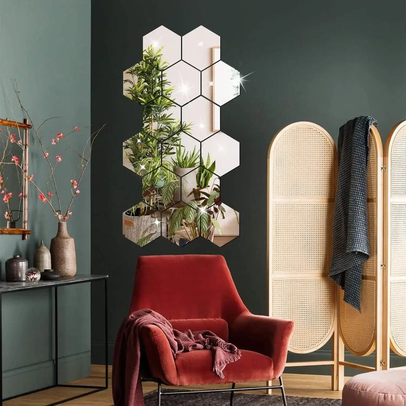 Hexagonal 4 Inch Acrylic 3D Mirror Wall Stickers (12 Pcs Set)