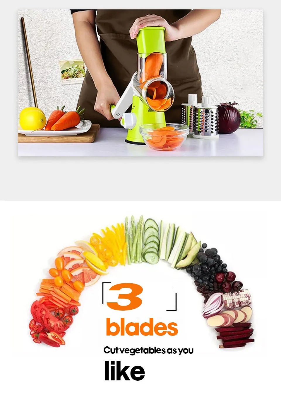 3 in 1 Rotary Vegetables Mandoline/Cutter - Manual Tabletop Drum Cutter