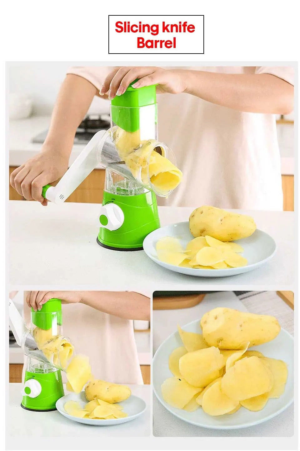 3 in 1 Rotary Vegetables Mandoline/Cutter - Manual Tabletop Drum Cutter