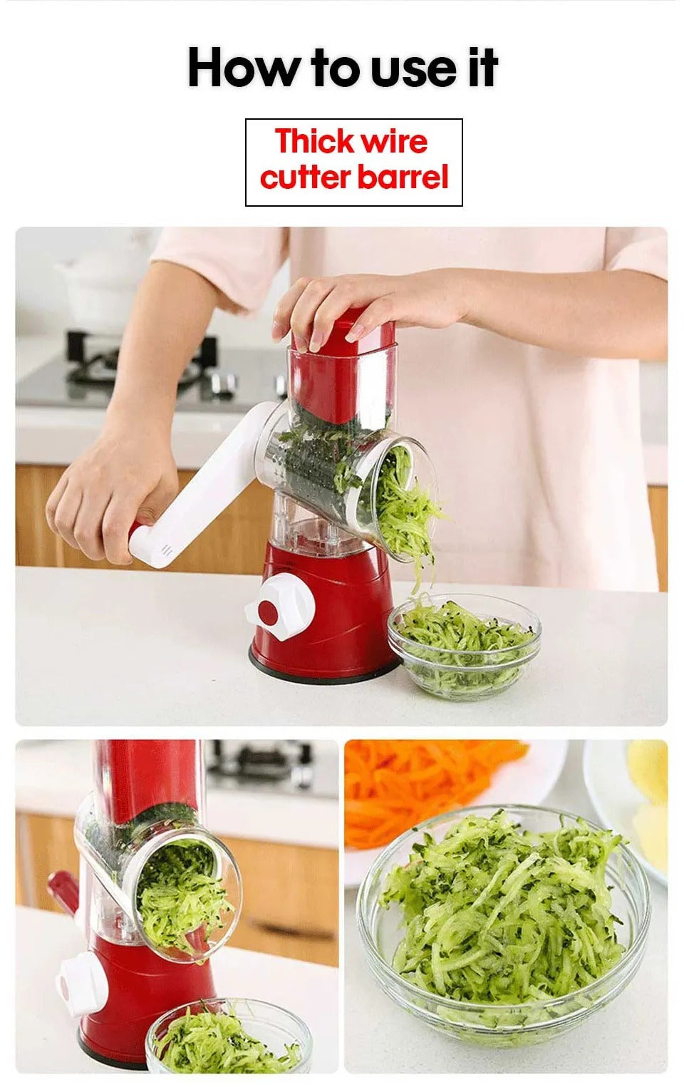 3 in 1 Rotary Vegetables Mandoline/Cutter - Manual Tabletop Drum Cutter