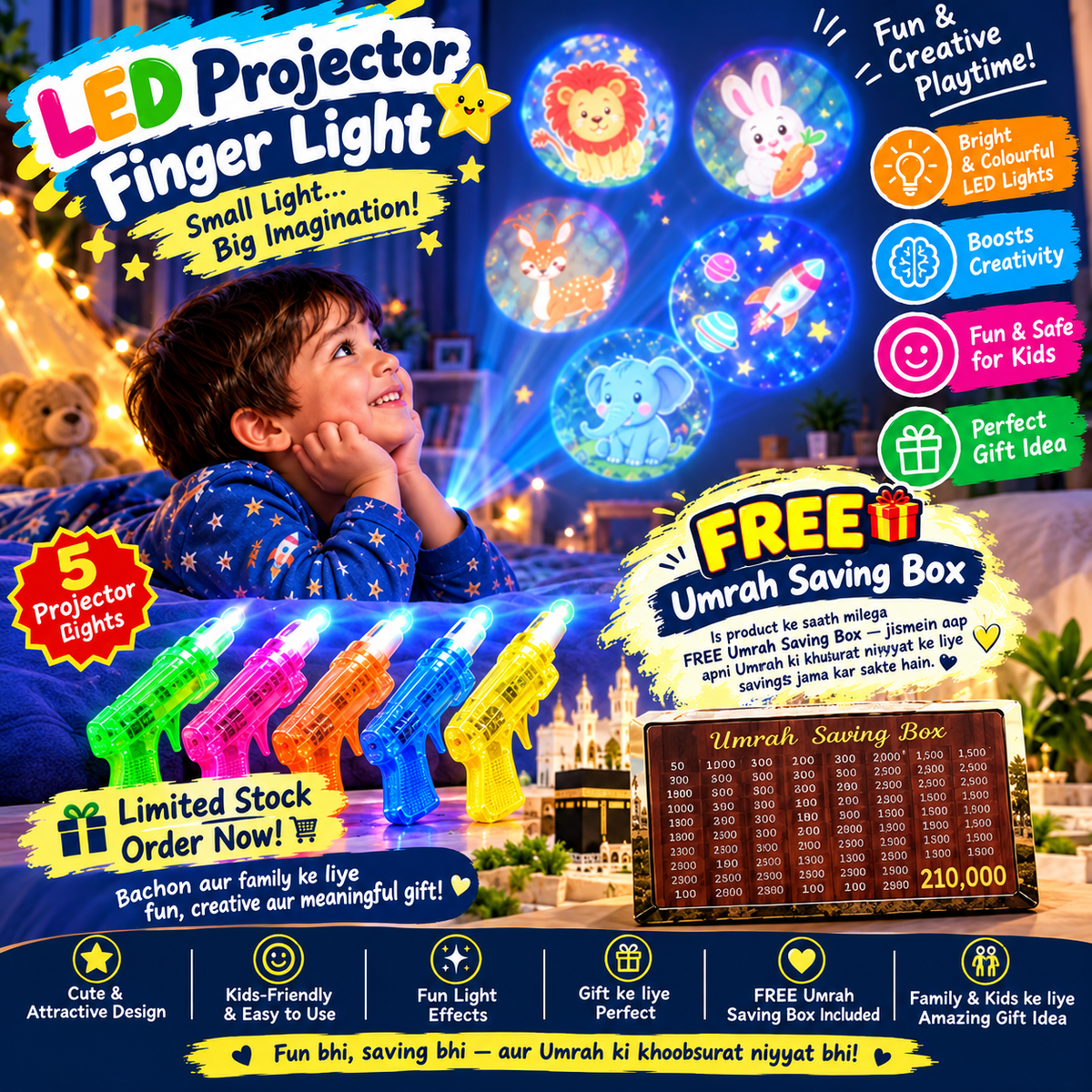 LED Projector Finger Light Gun (Pack of 5)+ FREE Umrah Saving Box 🎁
