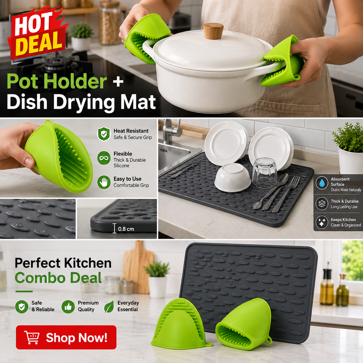 A promotional collage for a pot holder and dish drying mat combo. The top panel shows a person holding a white pot with bright green silicone pot holders.