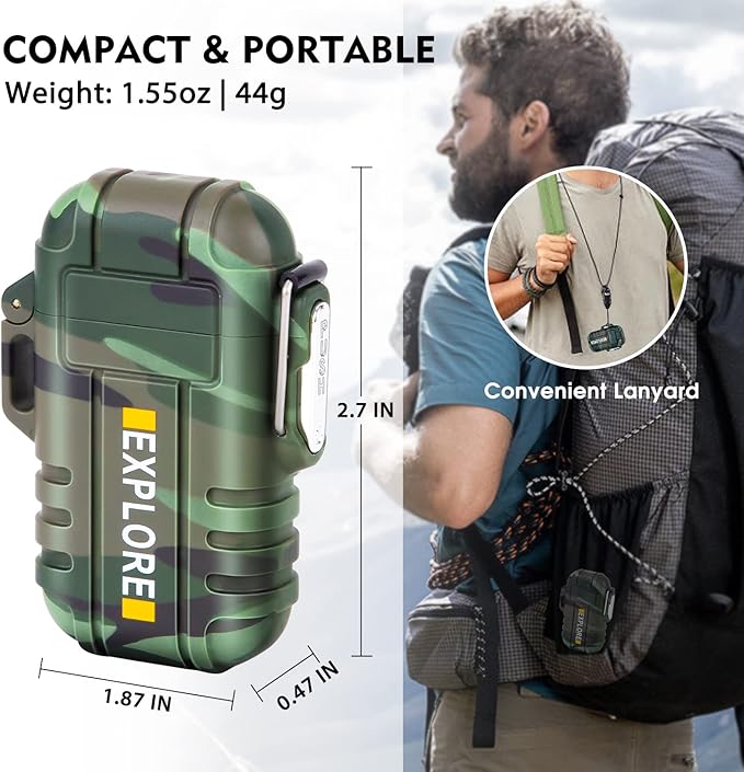 LcFun Waterproof Dual Arc USB Rechargeable Windproof Lighter for Outdoor Camping and Survival