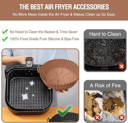 2 Pack Air Fryer Silicone Liners Pot for 3 to 5 QT, Air Fryer Silicone Basket Bowl, Replacement of Flammable Parchment Paper, Reusable Baking Tray Oven Accessories, Brown+Blk, (Top 8in, Bottom 6.75in)