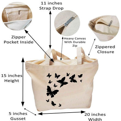 Beautiful Flying Butterflies Printed Canvas Zipper Bags for Girls/Women